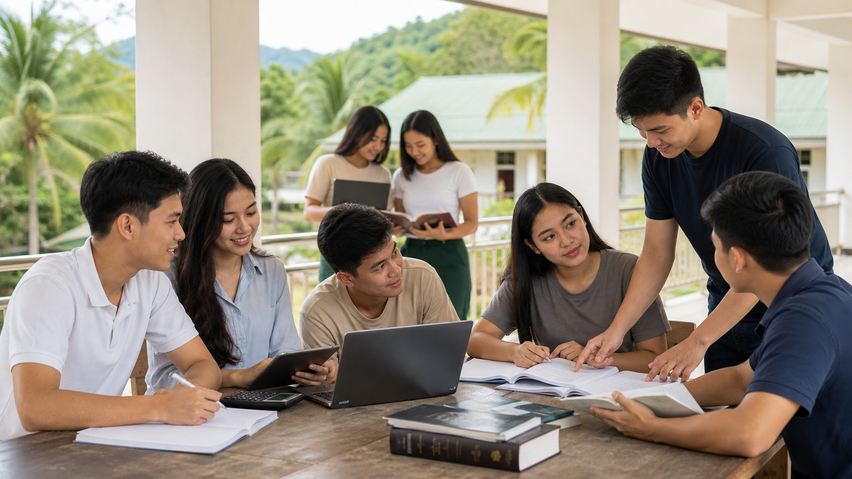 College students studying on a rural Philippine campus