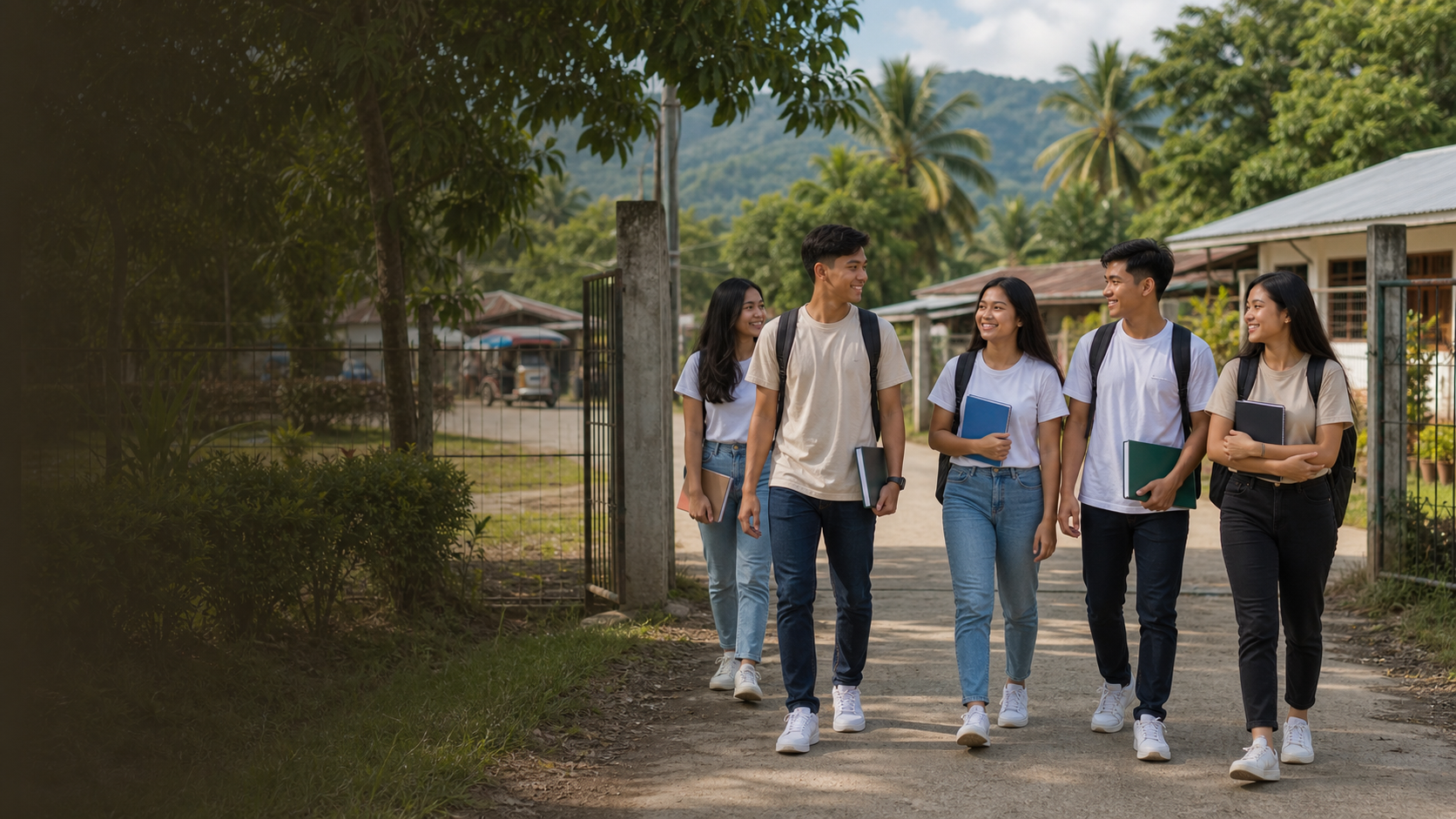 Students walking through a rural Philippine campus in Zamboanga Sibugay