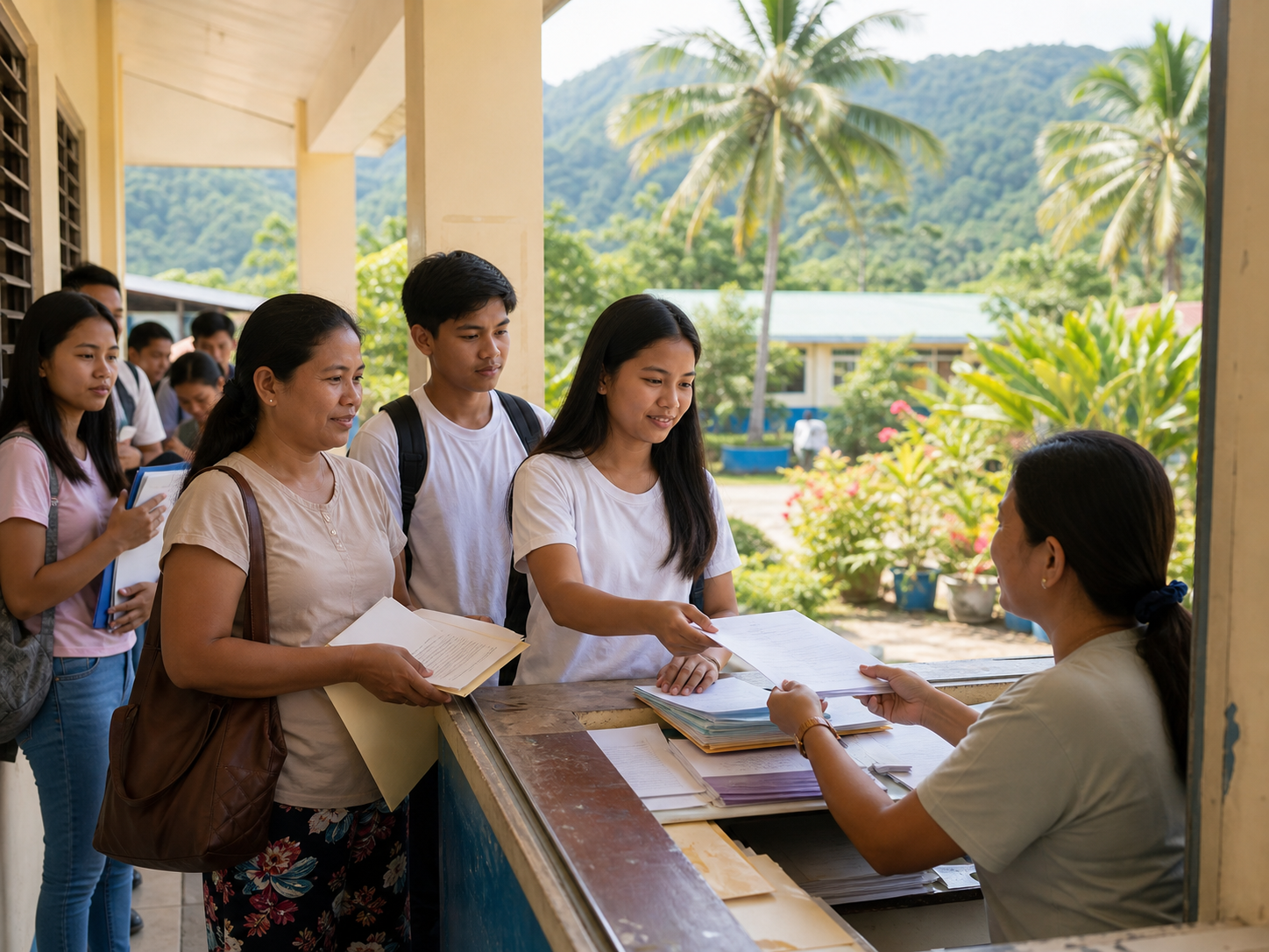 Students and family submitting documents at a rural Philippine school office
