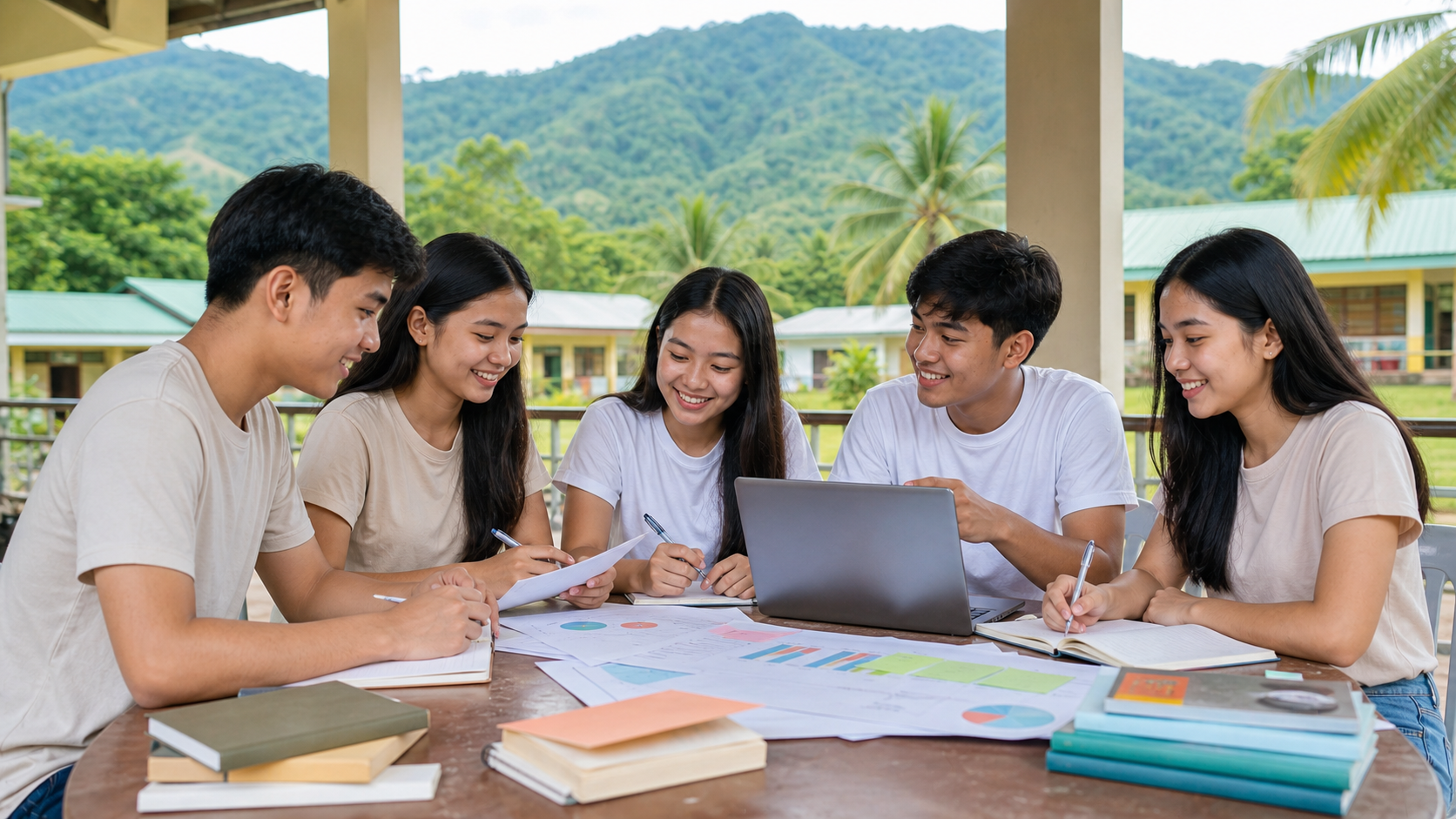 Senior High School students collaborating on campus